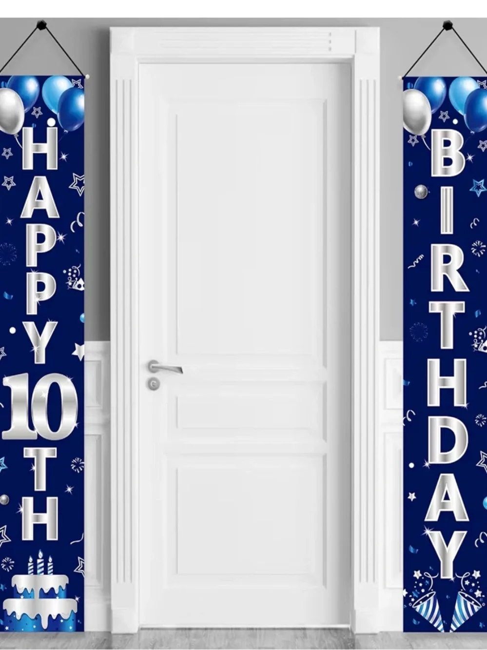 Blue & Silver 'Happy 10th Birthday' Vertical Banner - With Party Decorations
